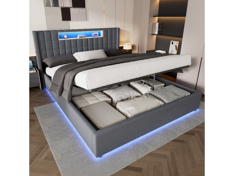 Lit double led avec fonction de charge et coffre de rangement en velours gris foncé 180 × 200 cm - Conforama B