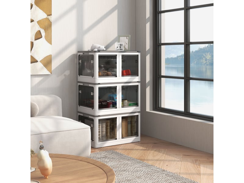Boîtes de rangement pliables et empilables 69l en plastique avec couvercle et 4 roulettes, blanc, accès à 5 côtés - Conforama D