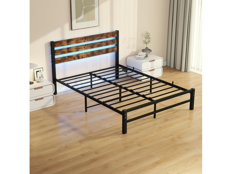  Lit jeune 120x200 cm, avec éclairage led, rangement sous le lit, cadre métal avec tête de lit en bois, mdf brun sans matelas  - Conforama E