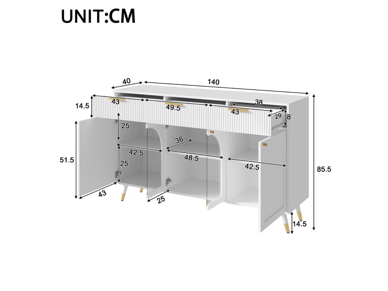 Buffet et enfilade avec 4 portes, 3 tiroirs et inserts en acrylique pour salon et salle à manger, 140×40×85,5 cm blanc - Conforama D