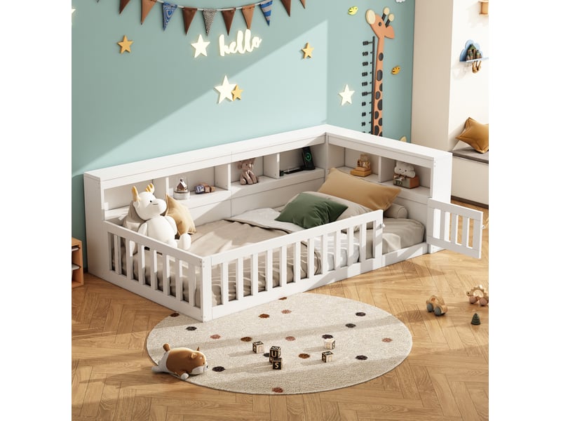  Lit banquette enfant 90x200 cm avec sommier, rangement, prises usb, blanc  - Conforama B