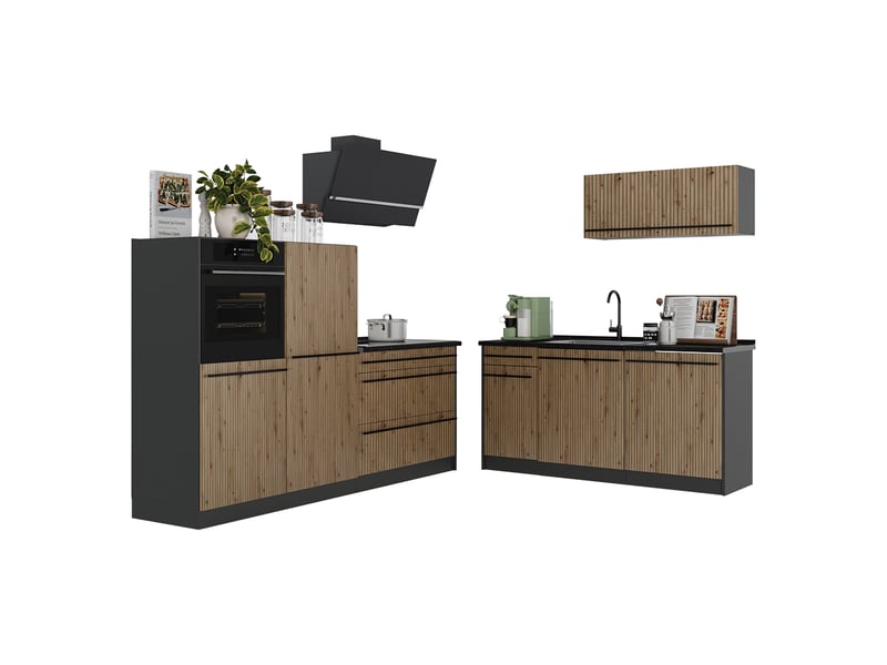  Vicco cuisine, chêne artisananthracite, 220cm sans plan de travail  - Conforama E