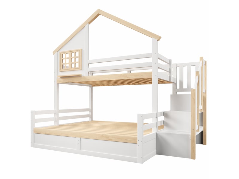  Lit superposé enfant 90x200 et 140x200 cm blanc et naturel avec rangement hydraulique  - Conforama A
