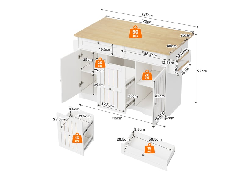  Îlot de cuisine mobile 120 × 4570 × 92 cm en mdf, plateau rabattable, 4 tiroirs, rangements verticaux et roulettes freinées  - Conforama B