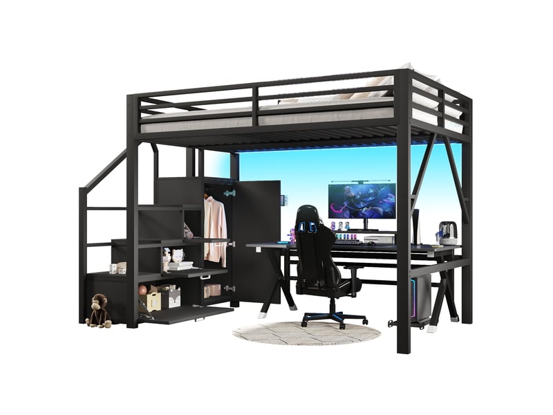  Lit mezzanine double 140×200 cm, led réglable, rangements et penderie  - sans matelas, métal noir  - Conforama A
