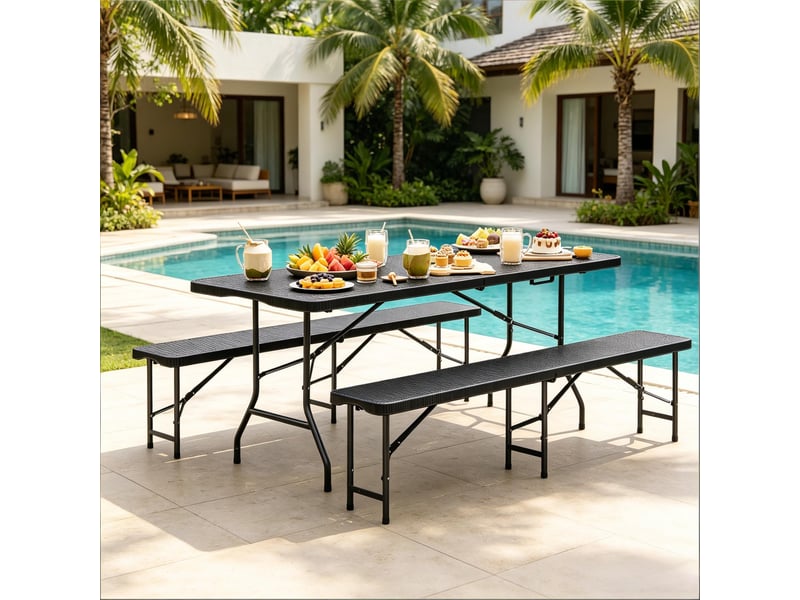  Ensemble table et chaise de jardin avec 1 table pliante et 2 bancs pliants pour 8 à 10 personnes, hdpe et métal noir  - Conforama B