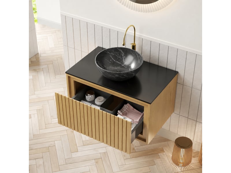  Meuble vasque suspendu 61 cm effet chêne avec vasque noire en céramique et plan en pierre frittée  - Conforama B