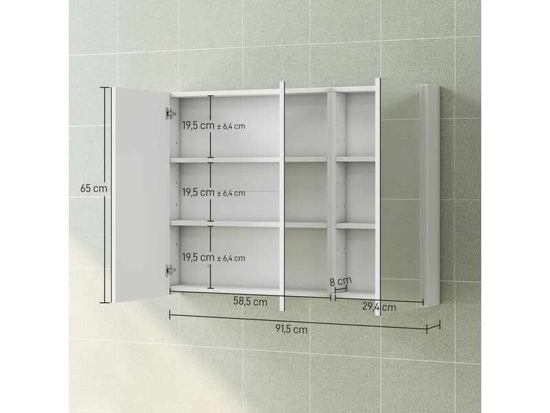  Armoire murale salle de bain avec miroir, armoire de toilette 3 portes miroir, étagères réglables, blanc, 91,5x11,5x65cm  - Conforama C