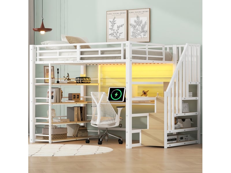 Lit mezzanine 140x200cm avec led, lit enfant, escalier rangement, bureau, usb, garde-corps, mdf+métal blanc sans matelas  - Conforama R
