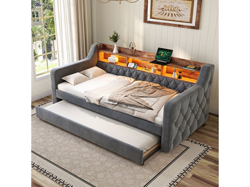  Canapé gigogne 90x190, couchage d'appoint lit gigogne adulte, rangement intégré, velours gris, sommier inclus, ports usb  - Conforama A