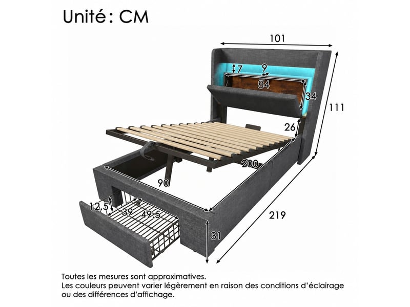  Lit 90 x 200 cm avec coffre hydraulique, tête de lit led, gris en lin  - Conforama C