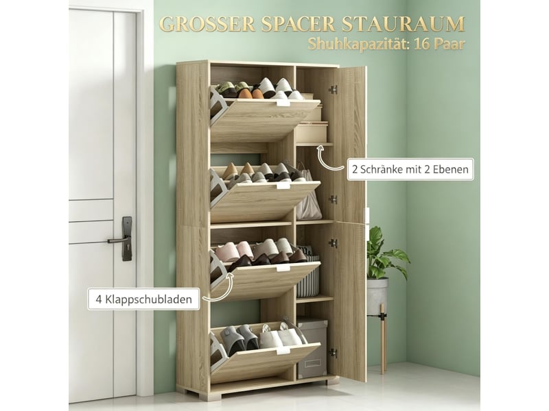 Meuble à chaussures à 4 portes battantes, 2 placards et façades miroir pour 16 paires de chaussures, meuble d'entrée - Conforama E