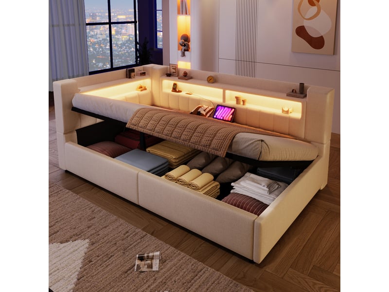 Lit coffre hydraulique 90x200 cm avec led et usb-c, tissu lin beige, structure mdf, sans matelas - Conforama B