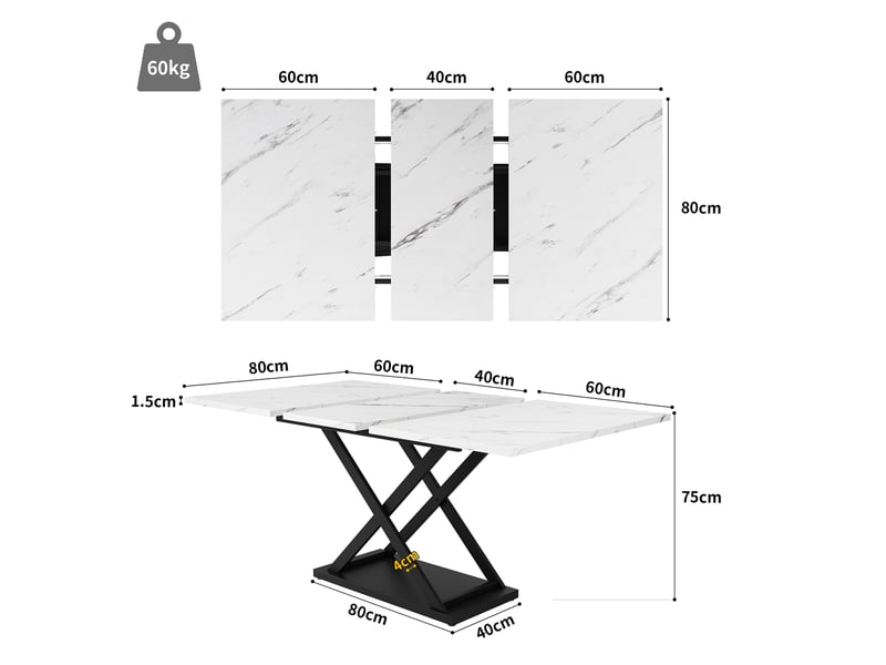 Table à manger rectangulaire extensible 120-160 x 80 cm, plateau mdf effet marbre blanc, pieds croisés en métal noir, 6 à 8 places, moderne  - Conforama E