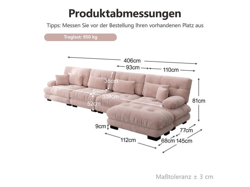  Canapé modulable d’angle 4 places avec ottomane en tissu rose  - Conforama C