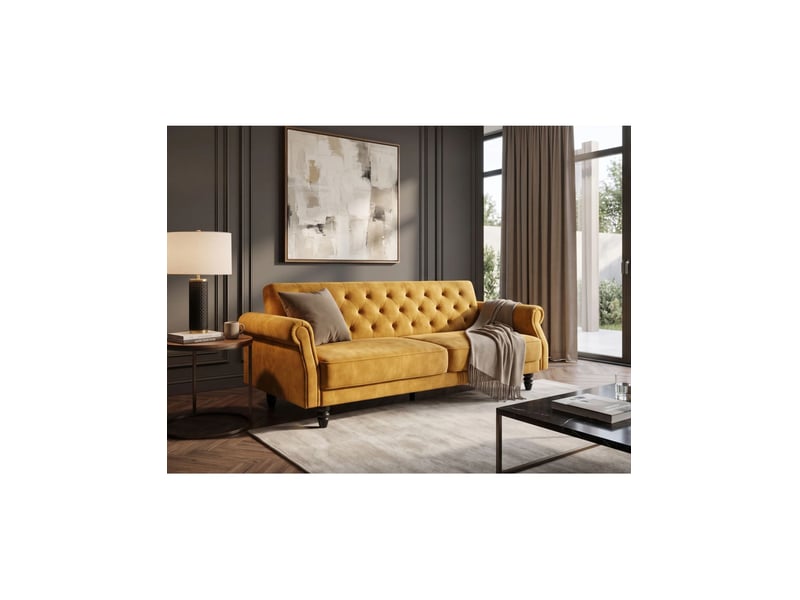  Canapé convertible miles 3 places 220x90cm - velours jaune moutarde - couchage 110x180cm  - Conforama B
