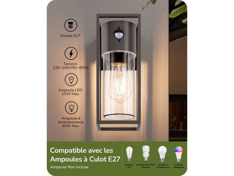 Eclairage mural exterieur cube avec detecteur de mouvement pir e27 anthracite ip44 370618_AABJO38294_6_DROPFR - Conforama D