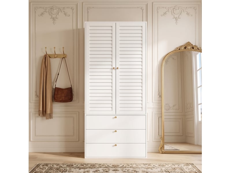  Armoire 2 portes 90 x 50 x 200 cm – blanc – tringle penderie et 3 tiroirs, style moderne pour chambre  - Conforama D