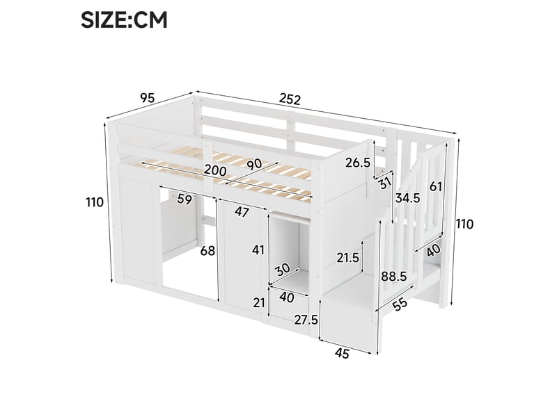 Lit mezzanine 90x200 cm, lit combiné, escalier avec rangement, rangements intégrés, éclairage led, support à lattes stable, pin blanc CozyNest - Conforama C