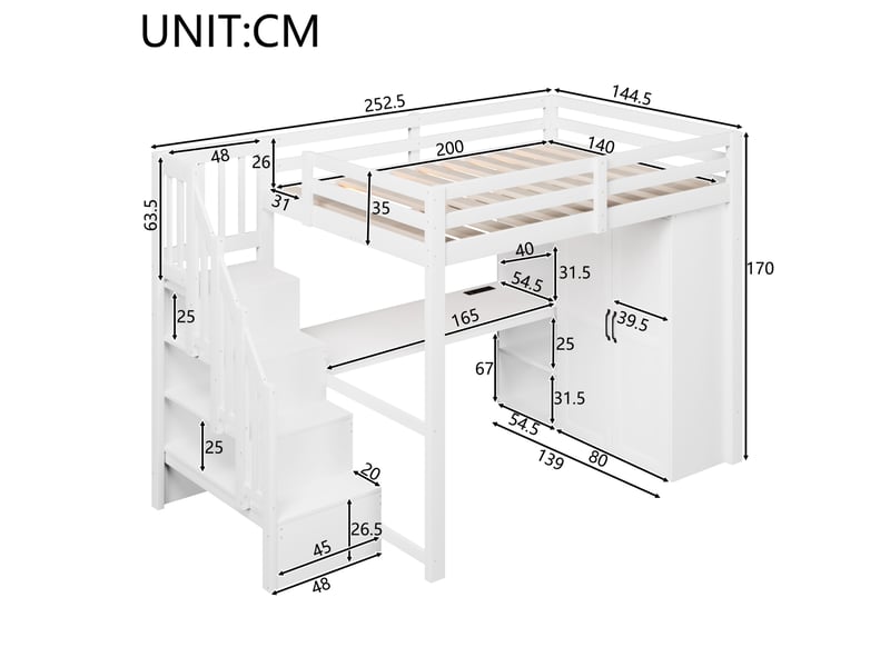  Lit mezzanine 140x200 cm avec bureau, armoire, escalier, usb et led, blanc  - Conforama C