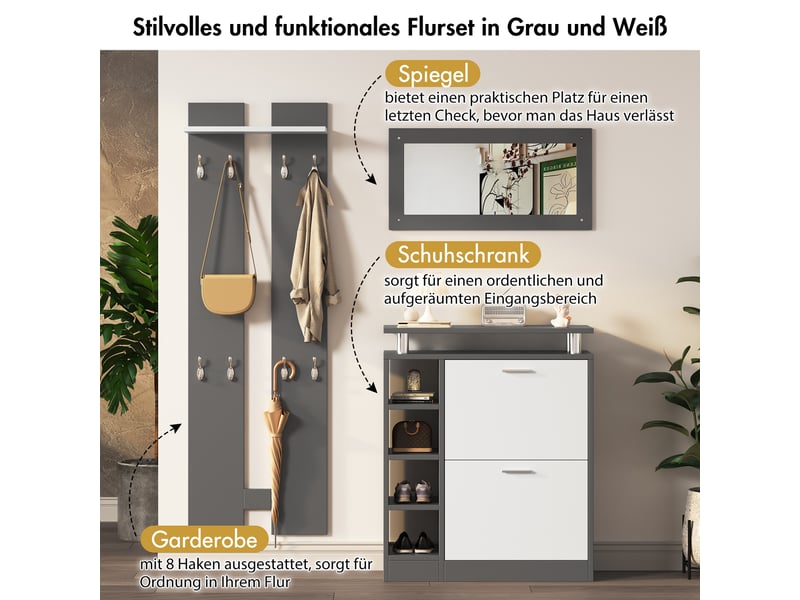 Ensemble meuble d'entrée avec miroir, meuble à chaussures 12 paires et porte-manteaux mural avec 8 crochets, gris et blanc - Conforama E
