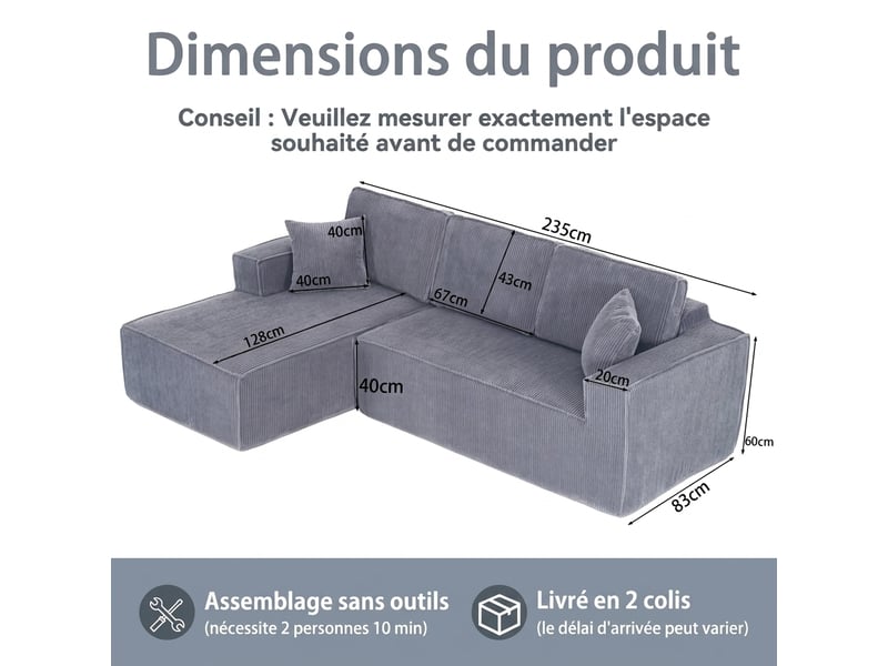  Canapé d'angle en l modulaire compressé 235x128x60 cm - velours côtelé gris et méridienne  - Conforama C