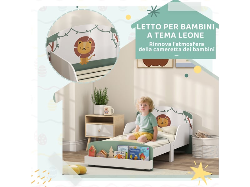  Lit enfant bas en bois avec barrières latérales, rangement au pied, vert 150x77x60 cm  - Conforama W