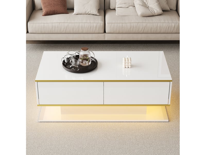  Table basse led blanche et dorée 100 x 50 x 40 cm, 3 tiroirs et rangement ouvert  - Conforama D