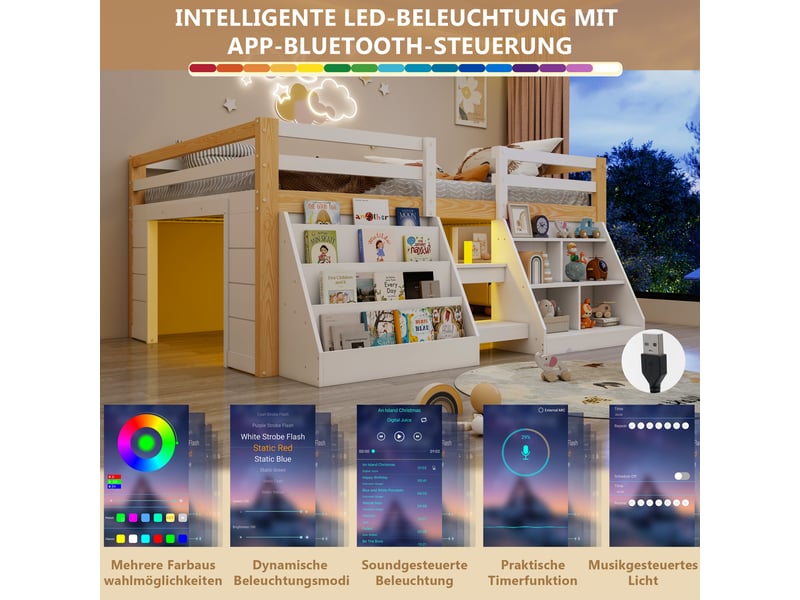 Lit mezzanine - 140x200 cm - échelle - barrières de sécurité - rangements intégrés - éclairage led - pin et mdf - naturel et blanc CozyNest - Conforama E