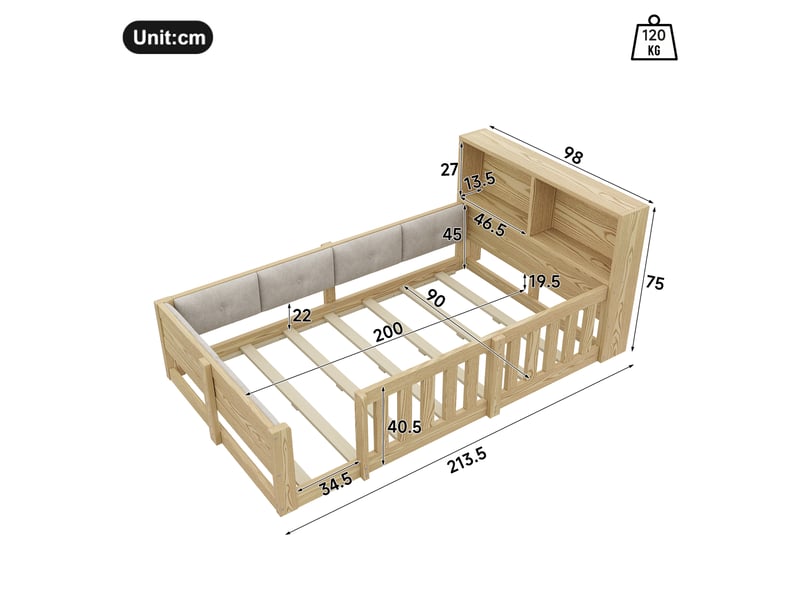  Lit au sol enfant 90x200 cm, barrières sur 4 côtés, dossier rembourré, tête de lit avec étagères, led, bois naturel Radiant Stride - Conforama C