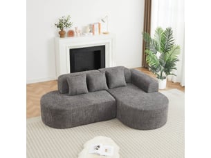 Canapé d’angle en l 3 places 222x157x73 cm avec méridienne droite, formes arrondies style wabi-sabi, 3 coussins dossier, chenille gris anthracite