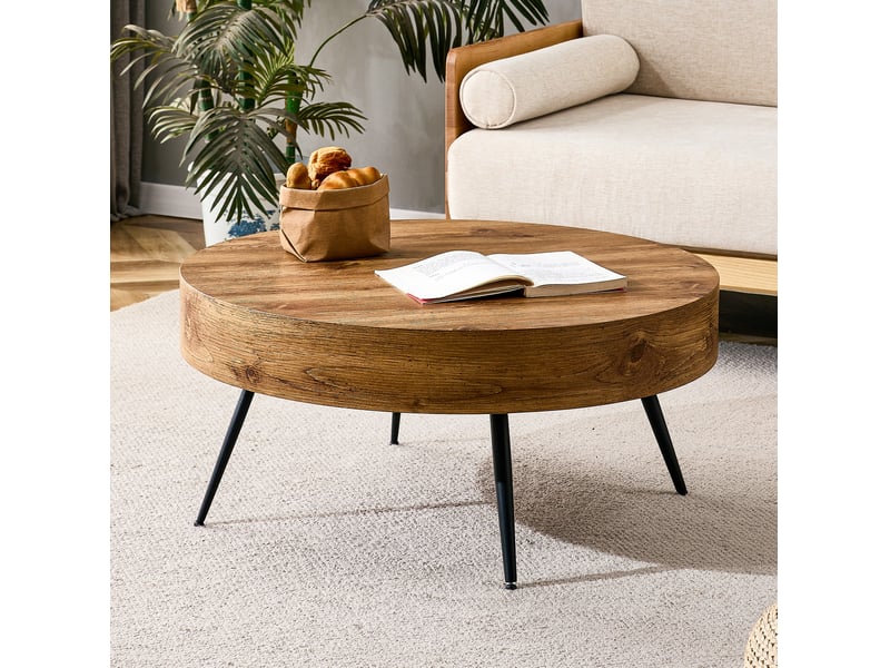  Table basse ronde avec plateau en mdf et pieds en métal, style scandinave, pour salon, bois et noir  - Conforama B