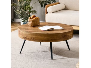 Table basse ronde avec plateau en mdf et pieds en métal, style scandinave, pour salon, bois et noir