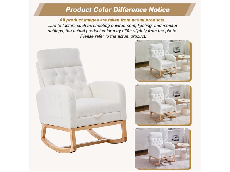  Fauteuil à bascule en tissu bouclette blanc crème avec repose-pieds  - Conforama E