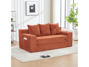 Canapé 3 places en velours côtelé, sans montage, design modulaire, porte-gobelets, rangements latéraux, 172×87×64 cm