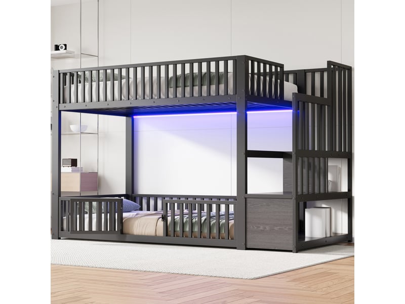  Lit étage 90x200 cm, échelle avec compartiments, éclairage led, structure basse, coloris noir  - Conforama C