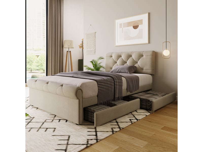  Lit simple chesterfield 90x200 cm avec rangements et 2 tiroirs, lin, naturel, sans matelas  - Conforama W