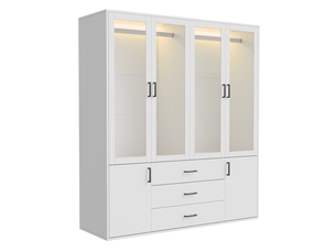 Armoire penderie chambre adulte 6 portes et 3 tiroirs - 160x52x182 cm - porte en verre - bandeau lumineux led - charnières amorties - style scandinave minimaliste - double tringle à vêtements pour petit appartement, armoire blanc mat