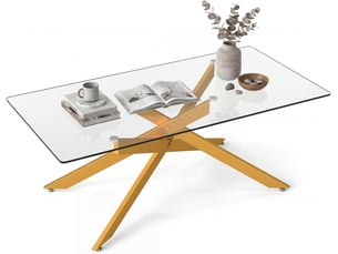 Table basse avec pieds en tubes métalliques croisés, plateau en verre trempé & patins réglables, table à café style industriel, pour salon (doré)