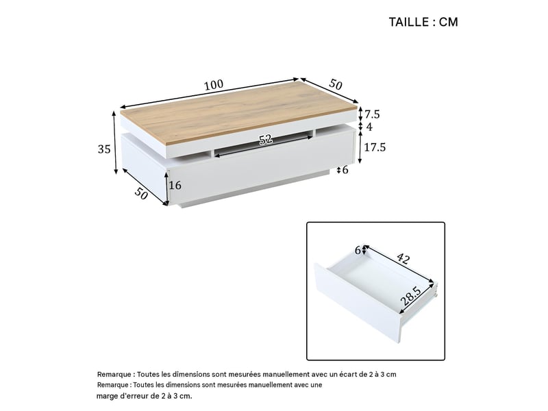  Table basse avec 2 tiroirs et led en panneau de particules blanc et bois 100x50x35 cm - pangivo  - Conforama C