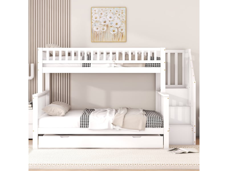  Lit superposé coffre 90x200 140x200 cm - lit  gigogne 90x200 140x200- escalier avec rangements - bois de pin  - blanc  - Conforama D