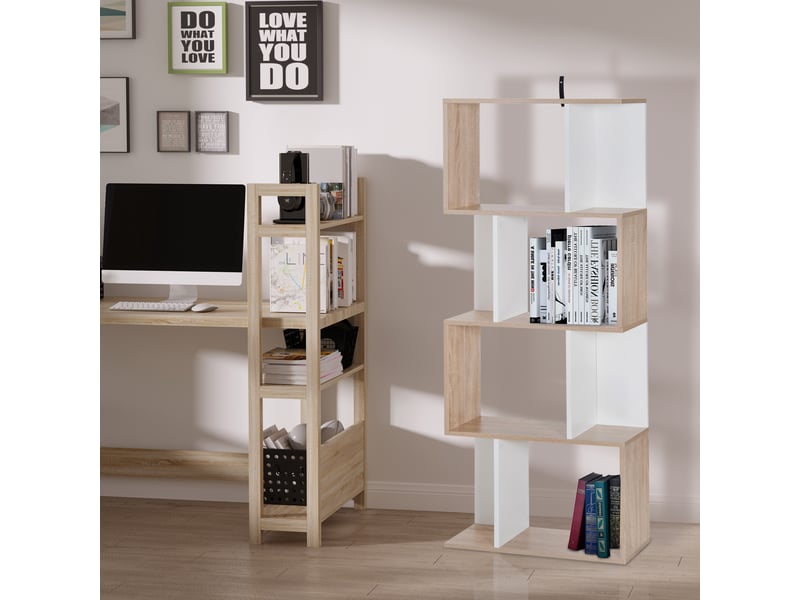  Bibliothèque en forme de s 4 niveaux, bois naturelblanc, 60×24×148 cm  - Conforama D