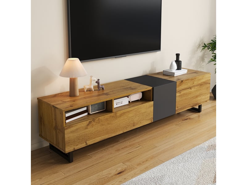  Meuble tv 170 cm avec 3 portes et 2 niches ouvertes, pieds en métal, décor bois et gris foncé  - Conforama D