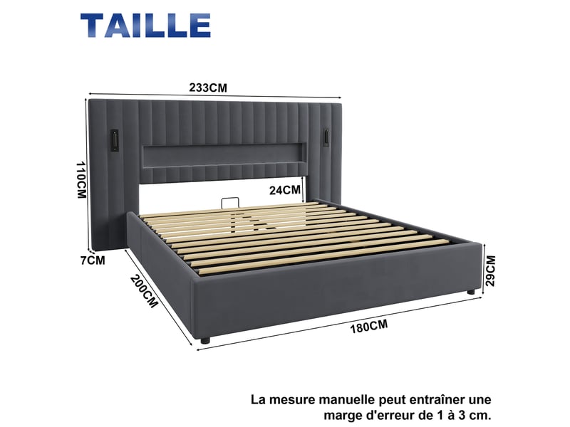 Lit 180x200 cm en velours avec rangement, led et ports usb gris foncé et gris chicfurn - Conforama C