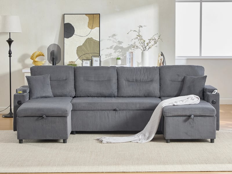  Canapé d'angle convertible ,4 places,  avec méridiennes double face, rangement, porte-gobelets,272x136x86 cm,gris anthracite  - Conforama B