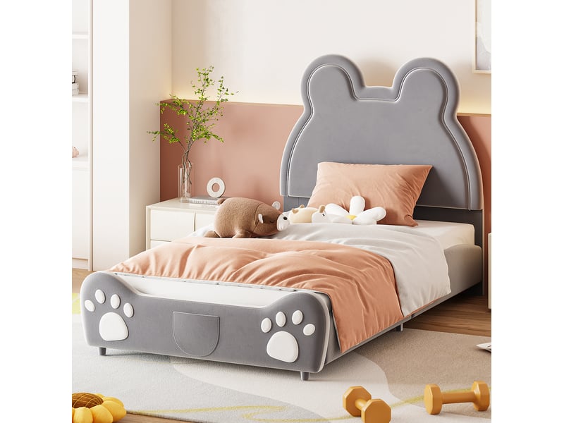  Lit enfant 90x200 cm en velours gris forme ours  - Conforama C