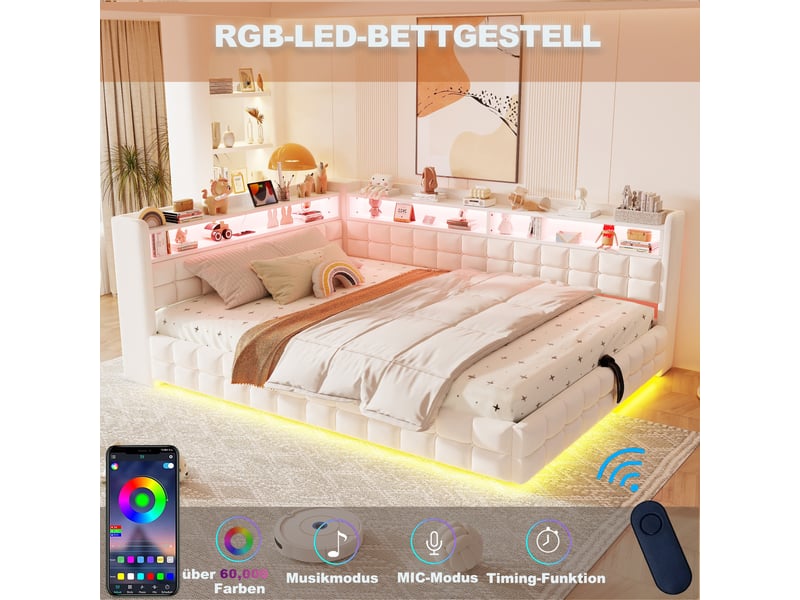 Lit coffre hydraulique 140x200 cm avec rangements, led et prises usb-c, velours beige, sans matelas - Conforama D