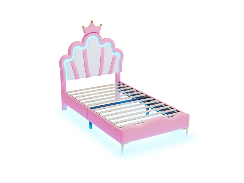  Lit enfant 90x200, lit simple 90x190, éclairage led et tête de lit réglable, style princesse nuage, sommier à lattes, rosa  - Conforama A