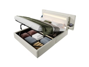 Lit coffre modenvie 140 x 200 cm avec rangement hydraulique, tête de lit led multicolore, table de chevet intégrée et usb, beige