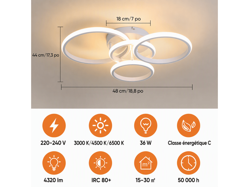  Plafonnier led moderne 4 anneaux, 48×44×10 cm, lampe de plafond 36 w 4181 lm, 3 couleurs, mémoire, blanc sablé, salon chambre cuisine  - Conforama C